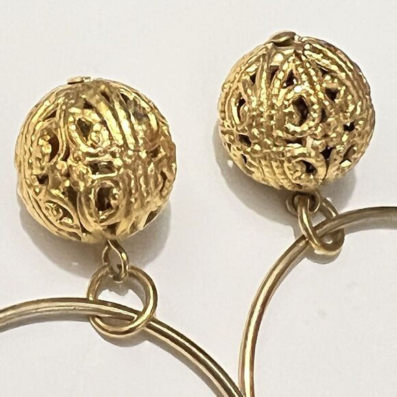 Vintage Gold Filigree Ball Dangle Charm Hoop Earrings Victorian - Picture 4 of 4